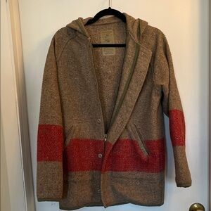 Wool Army blanket Coat with Red Stripe and hood
